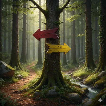 Zeigt ein rotes und gelbes Schild als Wegweiser an einem Baum im Wald